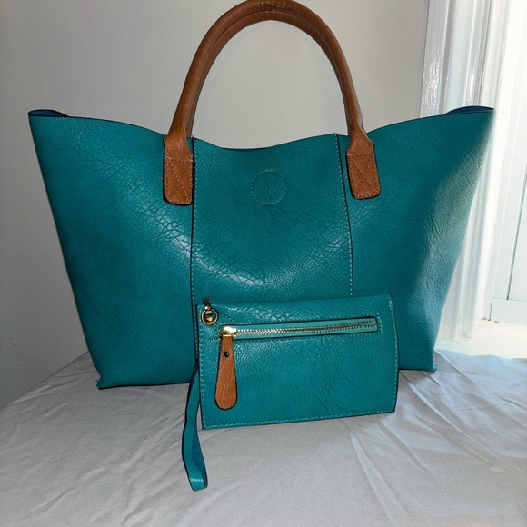 Handbags - Teal and Brown Women's Tote Bag with Pouch